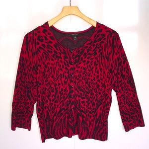 WHITE HOUSE BLACK MARKET Red Black Animal Print Holiday Cardigan Sweater SIZE XL